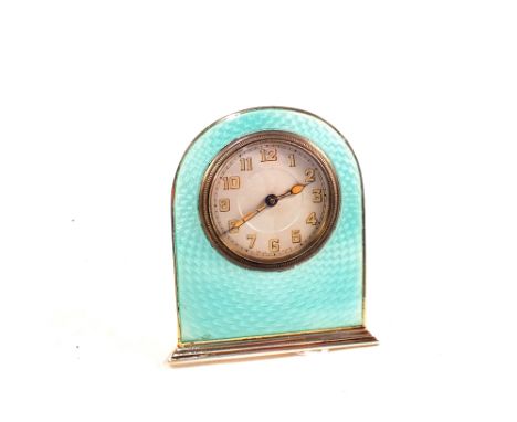 A Silver and green Guilloche enamel table clock, Birmingham 1931