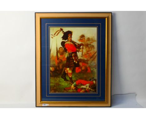 A framed print after J B Anderson depicting a piper at Waterloo, a copy of the William Lockhart Bogle painting, approximately