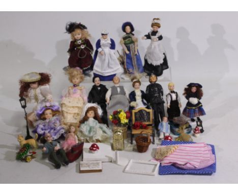 A collection of dolls house accessories, furniture and dolls to include chair, clock, flowers, basket, and similar. Accessori