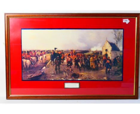 A framed print after Ernest Crofts, March From Quatre Bras To Waterloo, framed under glass, approximately 33 cm x 64 cm. [W]