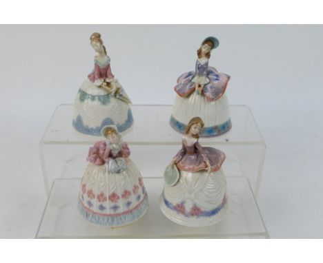 Lladro - Four porcelain bells in the form of ladies, approximately 12 cm (h). [W]