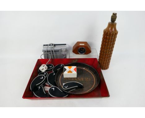 A metal tray marked Coca Cola, Guinness tray, vintage radio, clock and other. [W]