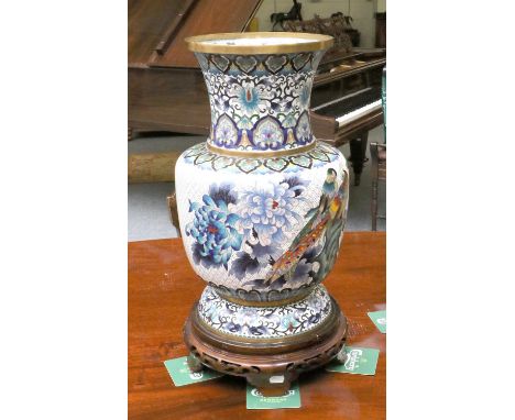 A Modern Chinese Cloisonne Vase, white ground, decorated with birds and chrysanthumum, on hardwood plinth, seal mark, 60cm h 