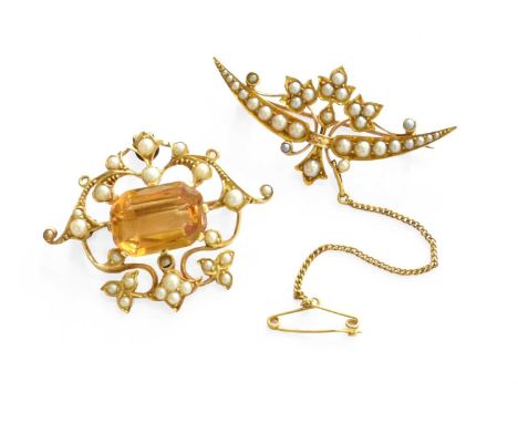 A Citrine and Split Pearl Brooch/Pendant, unmarked, measures 4.4cm by 3.4cm; and A Split Pearl Brooch, unmarked, length 4.7cm