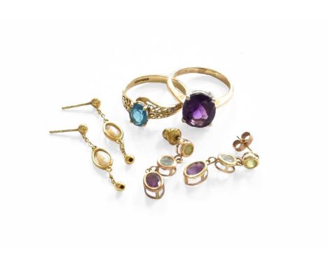 A Small Quantity of Jewellery, comprising of an amethyst ring, finger size P1/2; a 9 carat gold blue topaz ring, finger size 