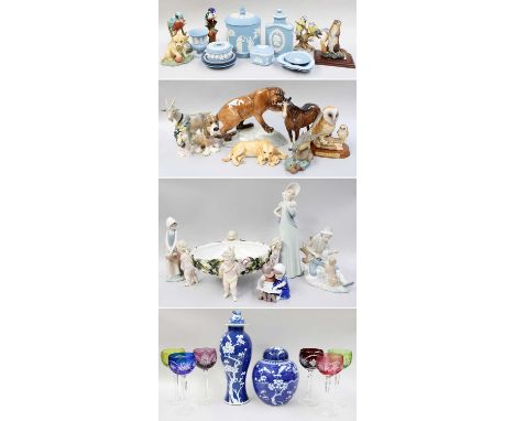 20th Century Ceramics and Glass including set of six coloured Hock Glasses, two 20th century chinese blue and white Prunus va