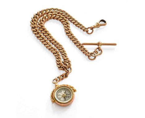 A 9 Carat Gold Curb Link Watch Chain, each link stamped 9 375, with attached swivel compassTotal weight: 67.6 grams, length, 