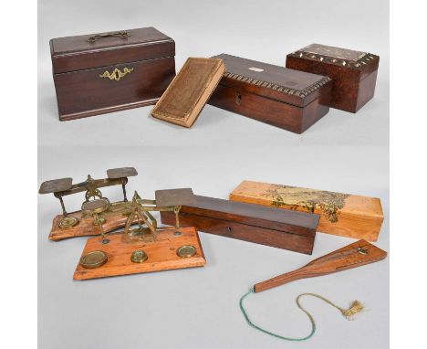 Two Sets of Brass Postal Scales, together with various 19th century boxes including rosewood glove box, mahogany tea caddy an