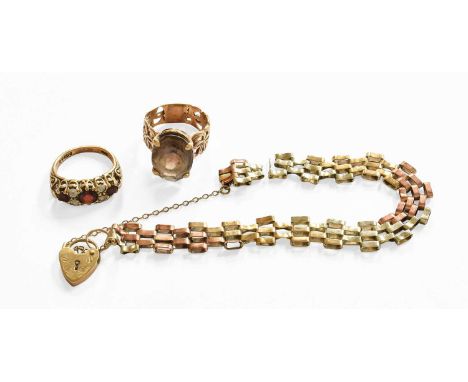 A 9 Carat Gold Smoky Quartz Ring, finger size M; A 9 Carat Gold Garnet and White Stone Ring, finger size L; and A Gate Link B