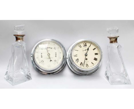 A Pair of Silver Mounted ''Broadway'' Glass Decanters, Ships type Bulk Head Smith Empire timepiece and an aneroid barometer
