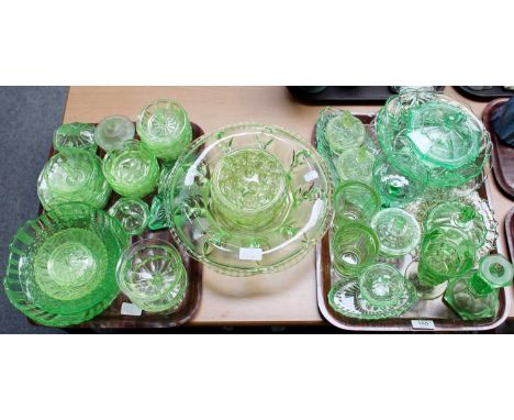 A Good Collection of 1920s and 30s Uranium and Green Glass Including, rose bowl, candle stick, beakers, bowls, etc (two trays