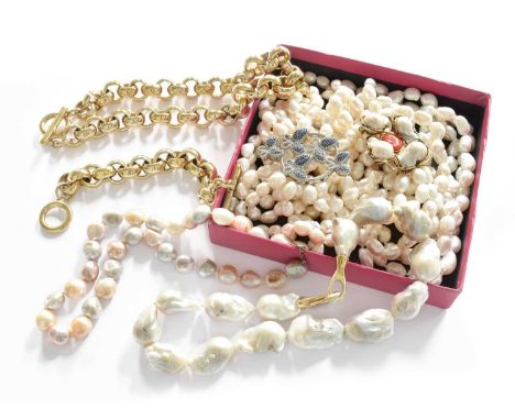 A Quantity of Jewellery, including four cultured pearl necklaces, of varying designs; and a trace link necklace and bracelet,