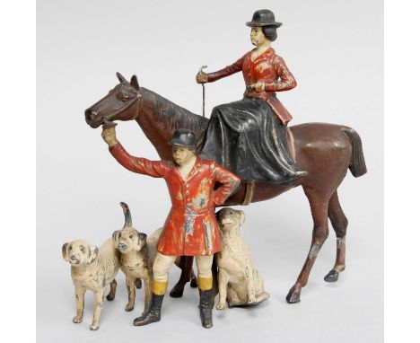 A Cold Painted Metal Figure Group as a Hunting Party, and an individual hound