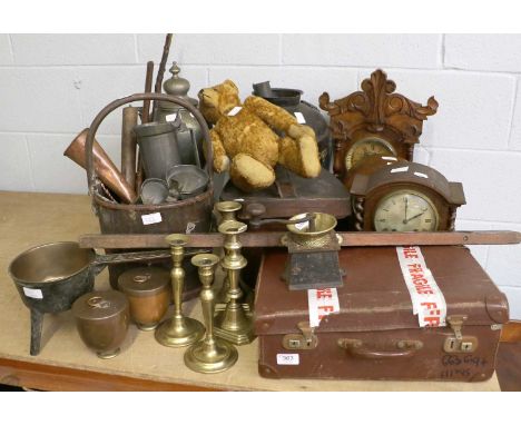 Assorted Metalwares and Wooden Items, including a top hat in leather case, pewter tea urn, various pewter measures, brass can