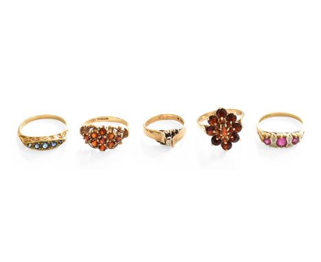 Five 9 Carat Gold Gem-Set Rings, including two garnet examples, two sapphire examples and a ruby example, all varying designs