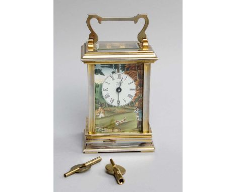 Halcyon Days Enamels Brass Carriage Timepiece, decorated with hunting landscapes, 15.5cm over handle