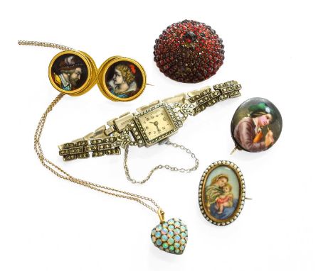 A Small Quantity of Jewellery, including a double enamel portrait brooch, length 4.4cm; an early 20th century opal pendant on