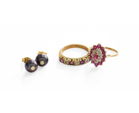 A 9 Carat Gold Ruby and Diamond Cluster Ring, finger size M1/2; A 9 Carat Gold Ruby and Diamond Half Hoop Ring, finger size M