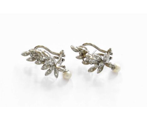 A Pair of Diamond and Cultured Pearl Spray Earrings, with post and clip fittings, length 2.9cmUnmarked. Gross weight 7.6 gram