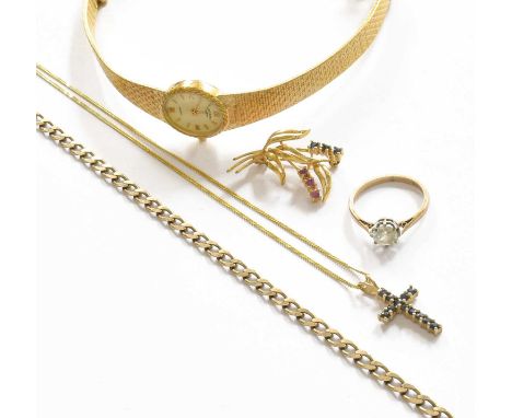 A Quantity of Jewellery, including a 9 carat gold curb link necklace, length 41cm; a 9 carat gold paste ring, finger size M; 