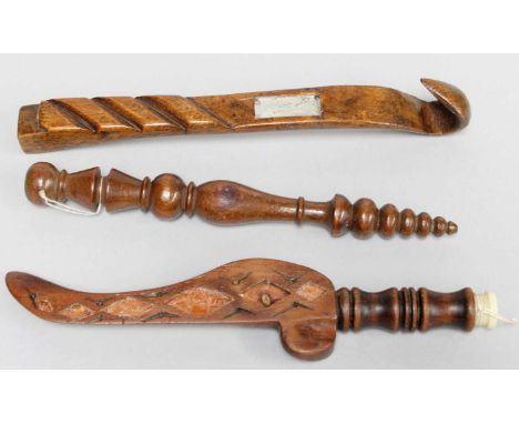 Three Knitting Sticks, including a Forget Me Not knitting stick inlaid with a turned handle (ivory removed)