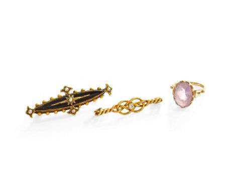 A 9 Carat Gold Amethyst Ring, finger size J1/2; A Diamond Bar Brooch, unmarked, length 3.8cm; and A Split Pearl Bar Brooch, u