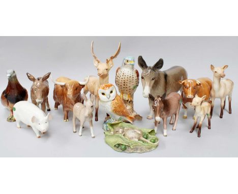 Beswick Animals, including: Deer family, Donkey family, Song Thrush, Pigeon, Sow, Cattle etc., and a Melba Ware donkey (one t