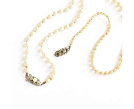 A Cultured Pearl Necklace, by Mikimoto, length 49cm; and Another Cultured Pearl Necklace, length 55cmThe Mikimoto necklace is