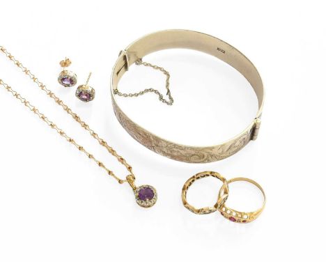 A Small Quantity of Jewellery, including an amethyst and diamond cluster pendant on chain, with matching earrings; a ruby and