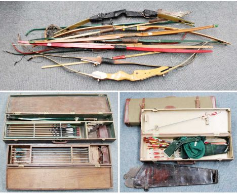 A Quantity of Vintage Archery Equipment, comprising a cased Apollo Falcon take-down bow and arrows, two wood cases of various