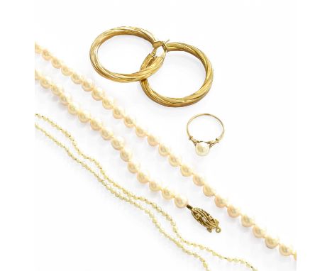 A Small Quantity of Jewellery, including a pair of 9 carat gold hoop earrings, with post fittings; a cultured pearl ring, by 