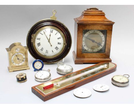 A Selection of Pocket Watches and Timepieces consisting of two silver pocket watches, and a plated pocket watch, a continenta