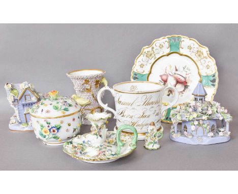 Assorted English and Continental Porcelain, including a Meissen box and cover, similar vase, two lilac pastille burners, a ch