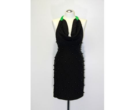 Alexander Van Baalen, two sample dresses, a beaded black silk dress with green silk halter neck tie ( 43/30/43 cm) and black 