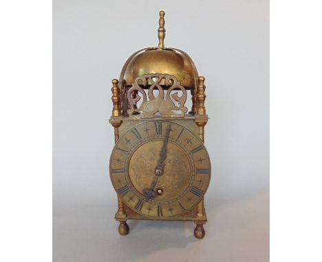 Smith's English Clocks Ltd brass lantern type time piece, with typical brass chapter ring engraved with Roman numerals and si