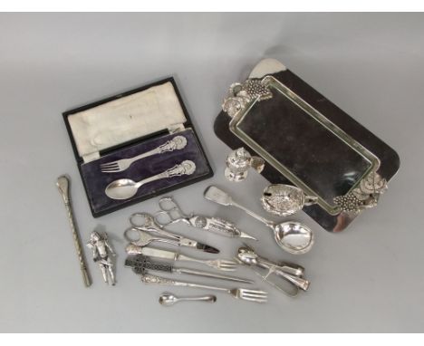 Small quantity of silver plated items to include a cased Scandinavian Atla novelty Christening fork and spoon set decorated w