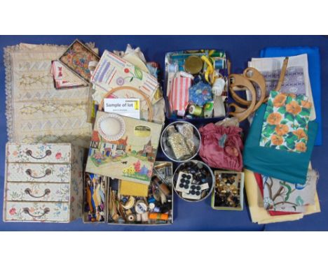 Collection of vintage fabrics and haberdashery items including a large quantity of anchor embroidery threads in a 1970s minia