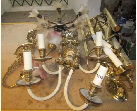 One lot of contemporary lighting to include three pairs of cast gilt metal wall lights of varying design, five picture lights