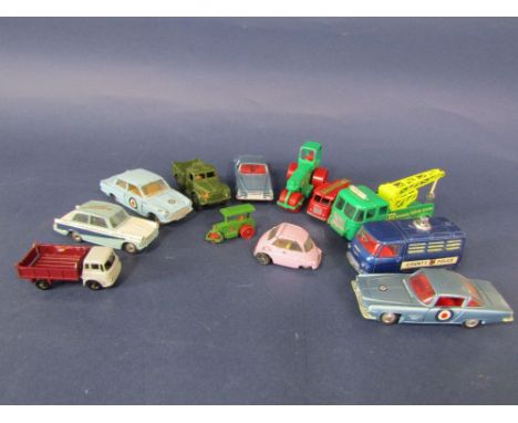 Collection of twelve model vehicles including two Corgi Ghia L6.4 cars, a Dinky Commer Police van, Ford Cortina, Army cargo t