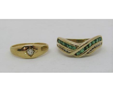 Diamond set gypsy ring in indistinctly marked high carat gold, size J, 3g, together with a further contemporary 9ct ring set 