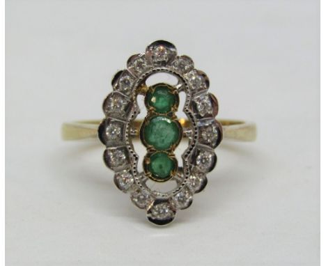 9ct emerald and diamond openwork marquise ring, 1.7 x 1.1cm approx, size N, 2.7g