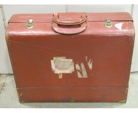 A vintage stitched leather suitcase stamped Chenney? together with a small blue coloured fibre cabin trunk (2)