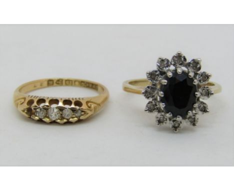 Victorian 18ct diamond set ring (one outer stone vacant), size K/L, 2.9g, together with a 9ct sapphire and diamond cluster ri