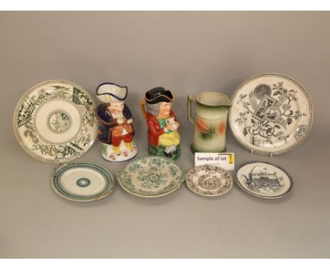 A collection of 19th century and later ceramics including a toby jug in the form of a red jacketed man, an Allertons toby jug