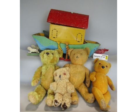 Mixed collection including vintage wooden Noah's Ark with painted exterior and animals, vintage teddy with wind up musical so