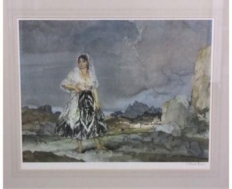 Sir William Russell Flint (1880-1969) - woman holding a pair of blue slippers, signed coloured print, 47 x 50.5 cm approx she