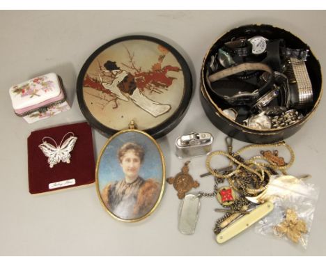 Box of interesting items to include vintage watches, costume jewellery, a miniature bust portrait of a lady in furs, porcelai