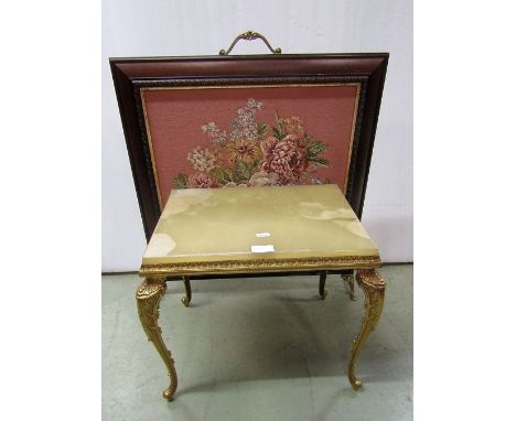 An onyx and cast gilt metal occasional table together with a firescreen with floral tapestry panel