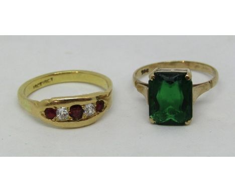 18ct ruby and diamond gypsy ring, 2.8g, together with a further 9ct ring set with green paste, 1.8g, both size K/L