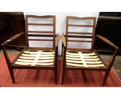 In the manner of IB Kofod Larsen - A pair of mid-20th century Danish style teak open armchairs with folding ladder backs and 